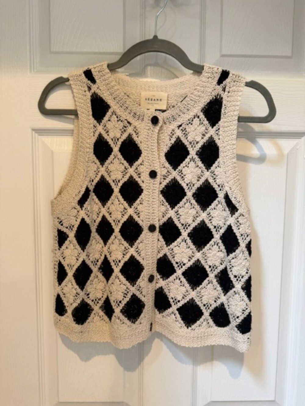 Sezane Black and Cream Crochet Button-Down Vest